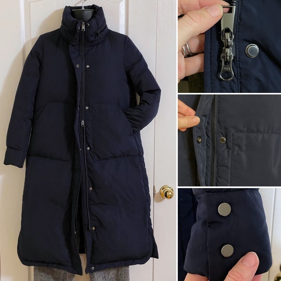 EUC PEACEBIRD midi length down puffer parka coat with hidden hood, navy blue - Picture 7 of 16